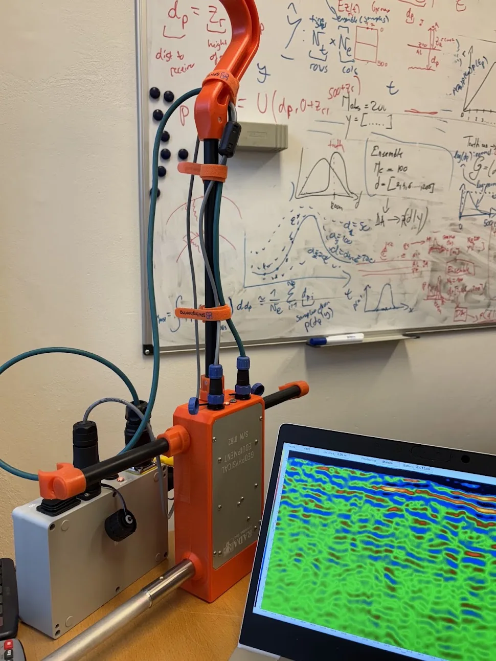 GPR instrumentation beside a radargram and geophysical notes