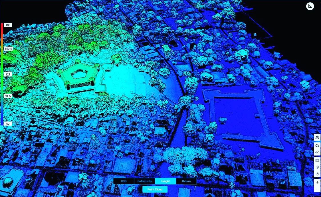 Elevation-coloured LiDAR point cloud
